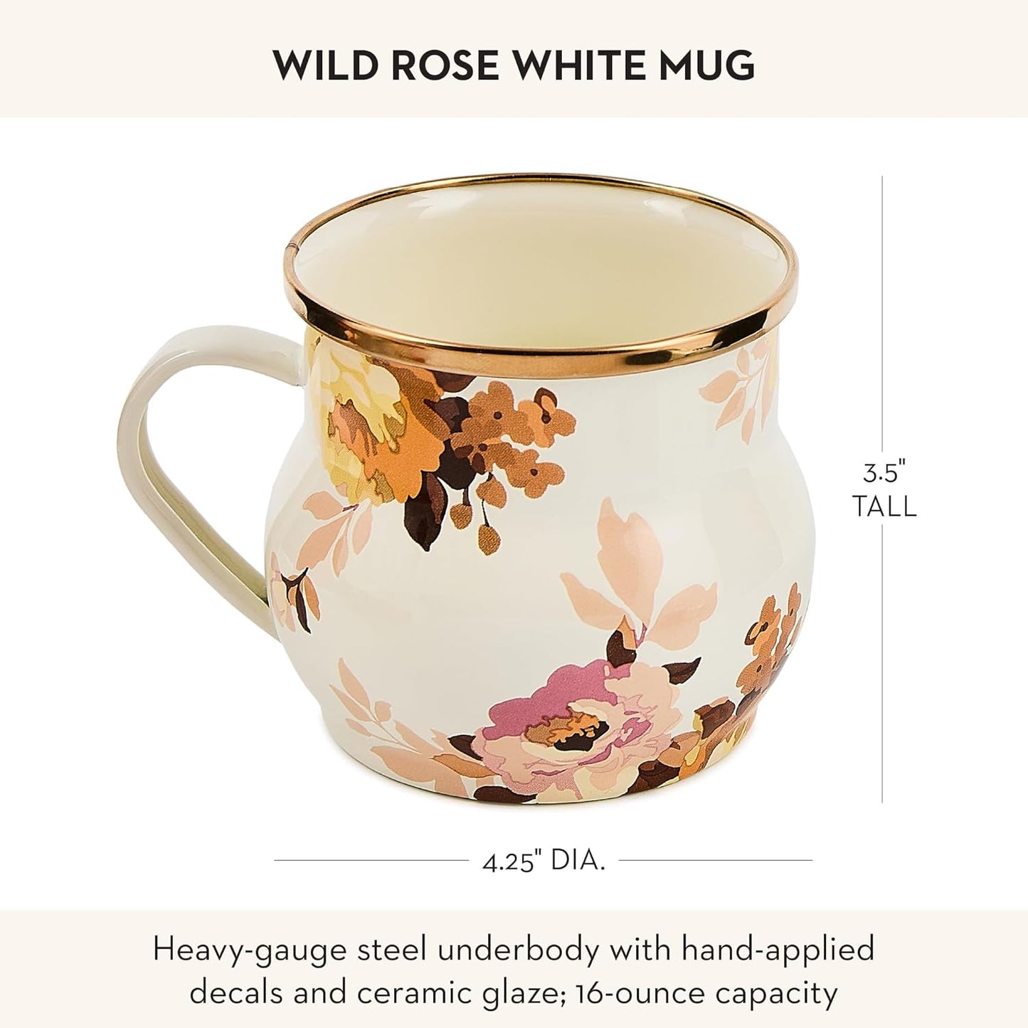 MACKENZIE-CHILDS Enamel Mug, Cute Enamelware Tea or Coffee Mug, Wild Rose White