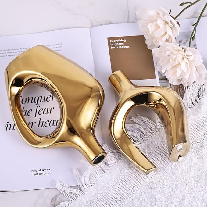 Gold Hollow Ceramic Vases Set of 2 - Modern Nordic Boho ins Style Decor Vases, Pampas Grass Flower Vases for Wedding, Living Room, Office, Entrance, Dining Table Decor Centerpieces