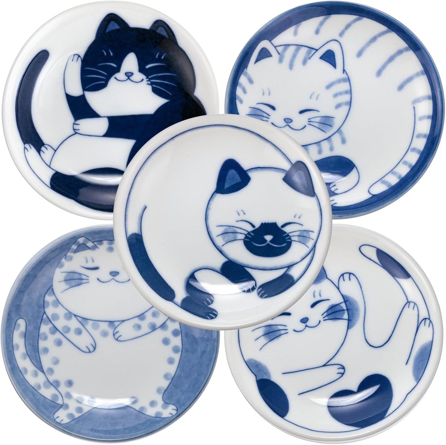 Dessert Sushi Soy Sauce Salad Small Plate Set Ceramic Cats Design Set of 5 Made In Japan Sleeping Cat