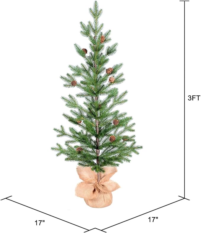 3FT Tabletop Artificial Christmas Tree, 209 Realistic PE Branches, Pine Cone Decorations, Unlit, Cement Base Wrapped in Burlap, Green