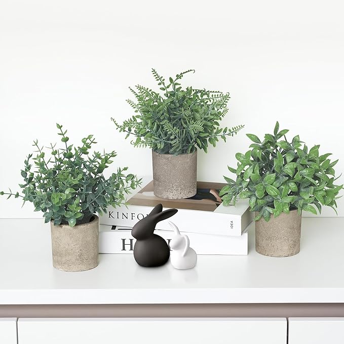 3 Pack Small Fake Plants, Artificial Eucalyptus, Boston Fern & Boxwood Leaves with Gray Paper Pulp Pots, Small Potted Faux Greenery for Home Decor, Bathroom, Shelf, Indoor&Outdoor Decoration