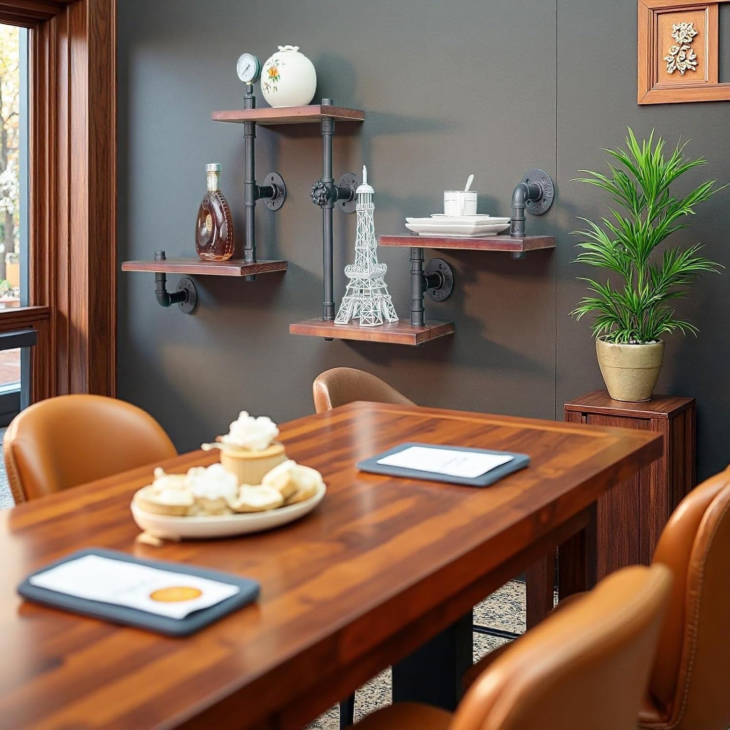 Industrial Rustic Modern Solid Wood Ladder Pipe Wall Mounted Floating Shelves – 4 Tiers Bookshelf,DIY Storage Shelving,Hung Bracket,Bookcases