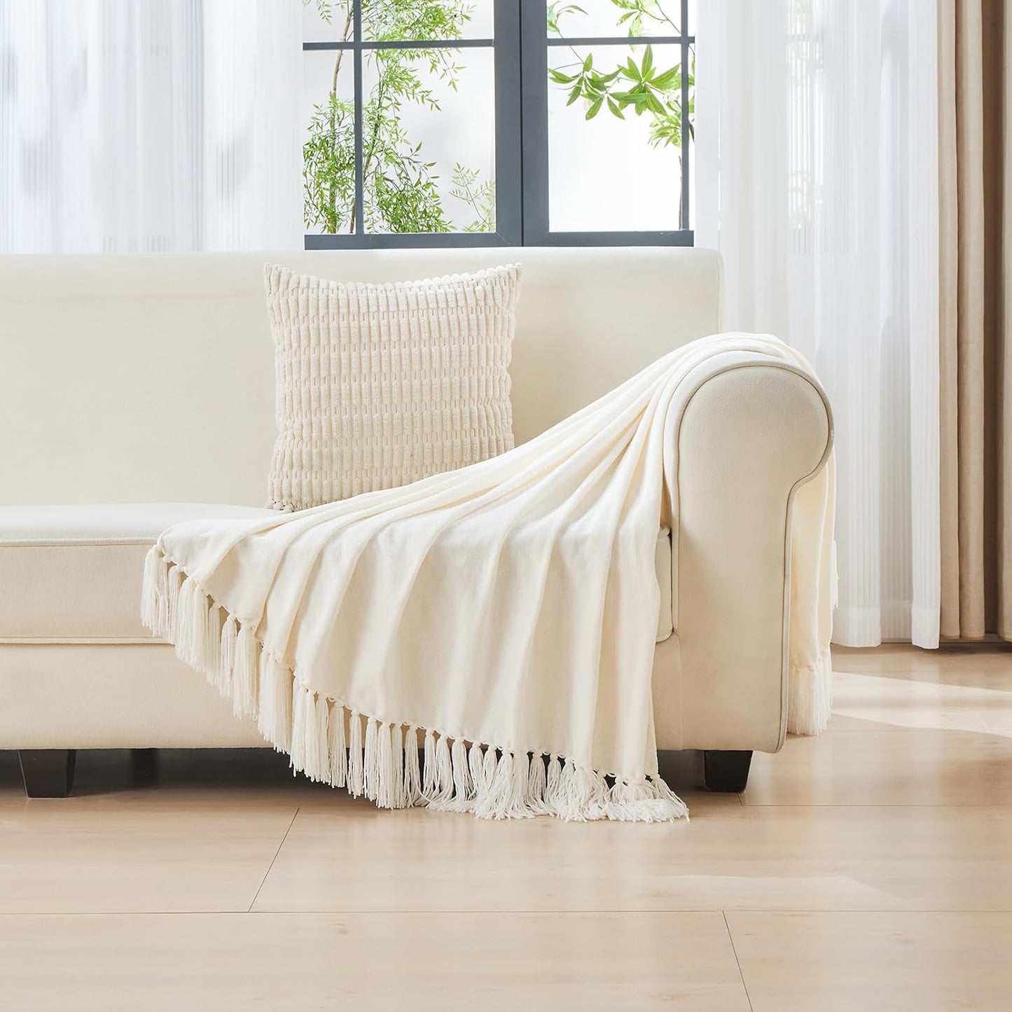 CozeCube Chenille Throw Blanket for Couch, Cozy Plush Fuzzy Decorative Cream White Blanket with Fringe Tassels, Lightweight Throws for Bed Sofa Gift Home Decor, 60"X80"
