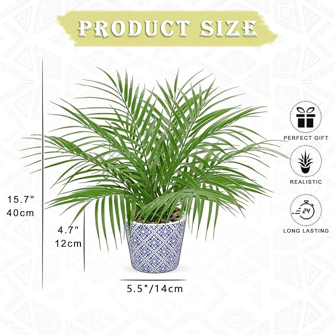 Hollyone Large Artificial Potted Plants Fake Palm Plants 16" Faux Green Plant Plastic Tropical Palm Tree in Blue and White Ceramic Pots Bohemian for Home Room Office House Indoor Decoration
