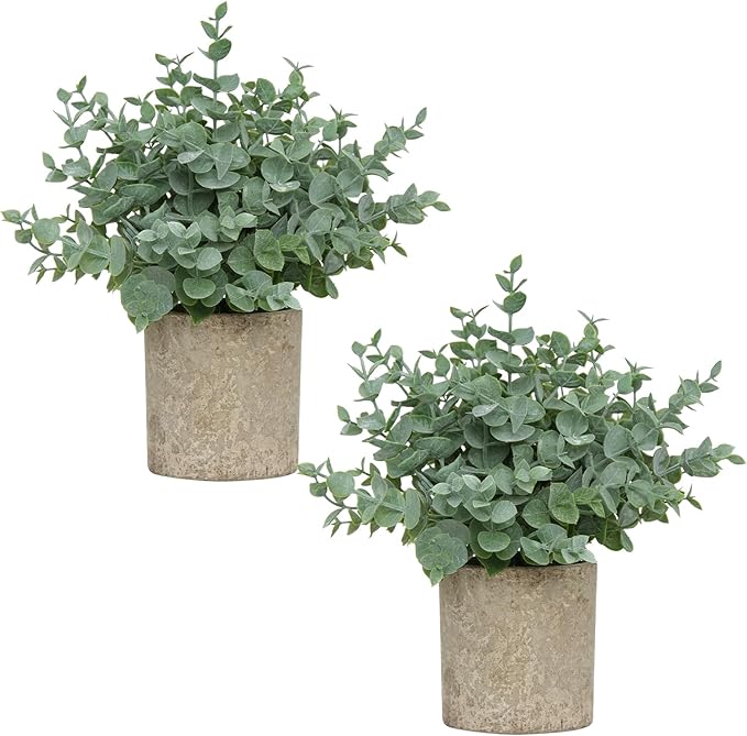 2 Pack Small Fake Plants, Artificial Eucalyptus with Gray Paper Pulp Pots, Small Potted Faux Greenery for Home Decor Indoor, Bathroom, Shelf, Office, Desk, Farmhouse Room Decoration