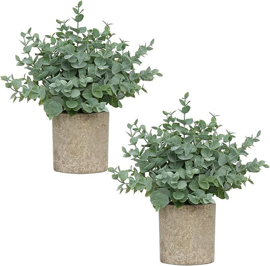 2 Pack Small Fake Plants, Artificial Eucalyptus with Gray Paper Pulp Pots, Small Potted Faux Greenery for Home Decor Indoor, Bathroom, Shelf, Office, Desk, Farmhouse Room Decoration