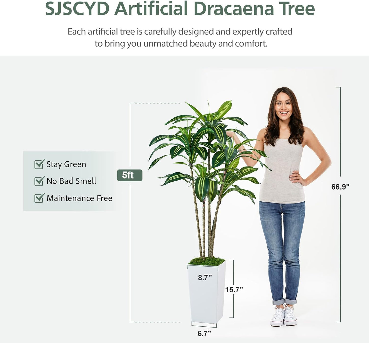 Dracaena Artificial Plants Indoor, 5FT Tall Faux Tree with White Tall Planter, Fake Yucca Tree Floor Plant, Artificial Trees for Home Office Living Room Garden Decor Outdoor, Housewarming Gift