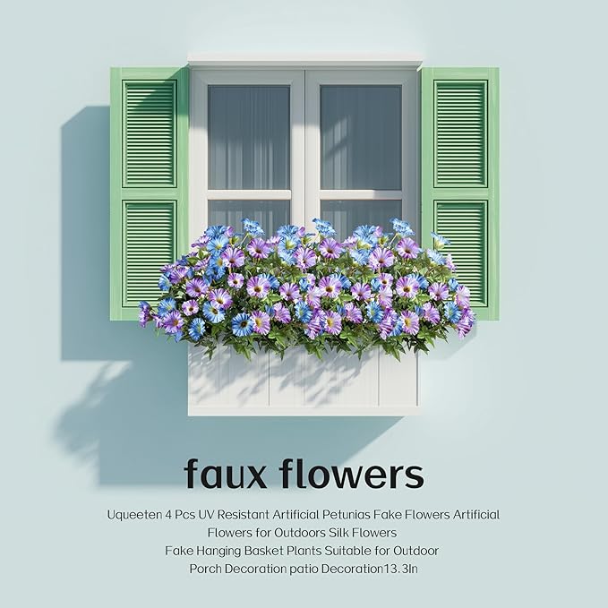 UV Resistant Artificial Petunias 13.3In Fake Flowers Artificial Flowers for Outdoors Silk Flowers Fake Hanging Basket Plants Suitable for Outdoor Porch Decor Patio Decor (Blue Purple, 4PCS)