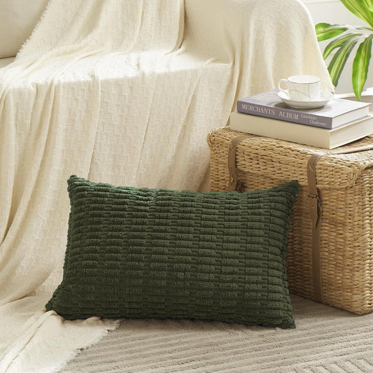 Fancy Homi Boho Olive Green Decorative Throw Pillow Covers 12x24 Inch for Couch Bed Sofa, Rustic Modern Farmhouse Home Decor, Soft Plush Corduroy Cute Square Cushion Case 30x60 cm