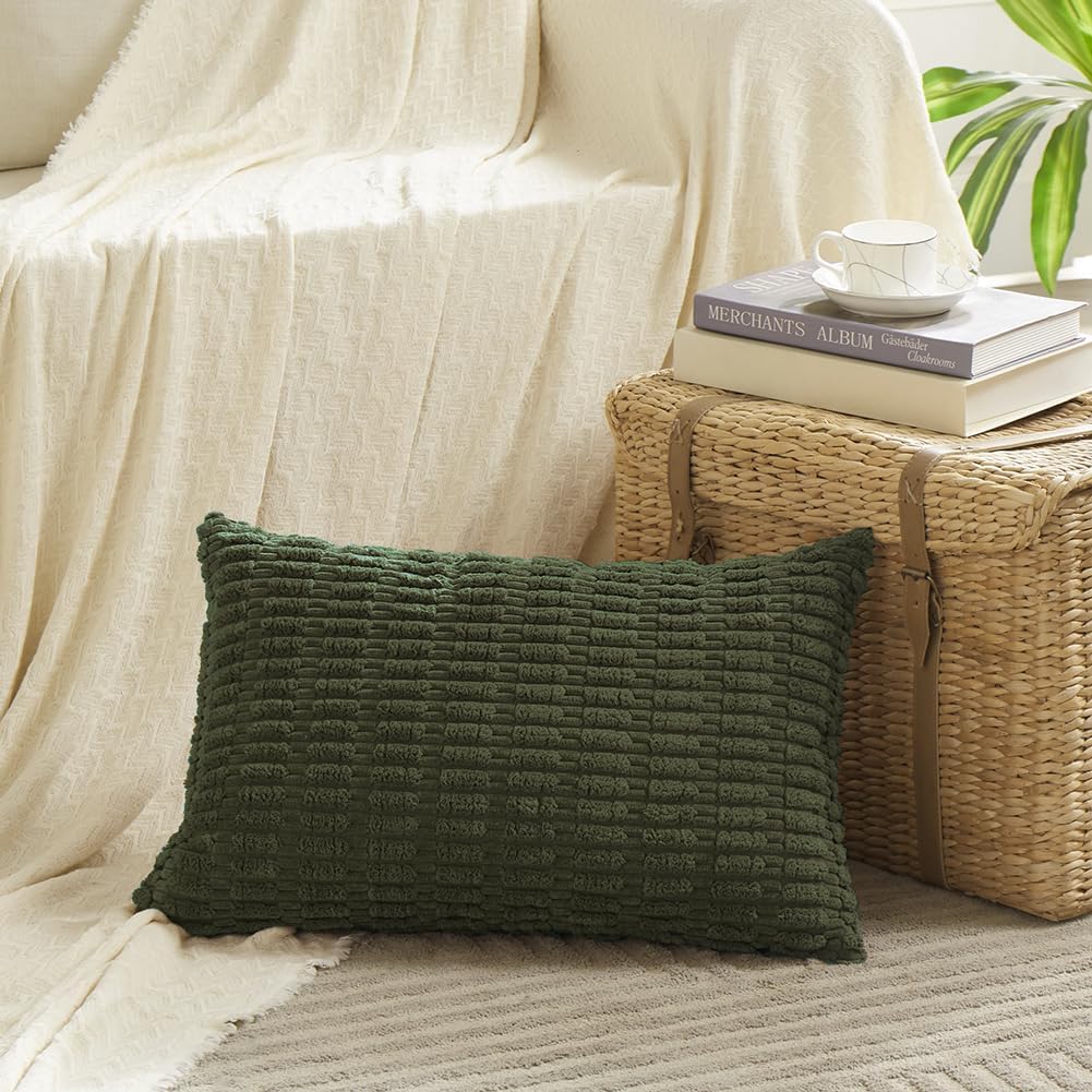 Fancy Homi Boho Olive Green Decorative Throw Pillow Covers 14x24 Inch for Couch Bed Sofa, Rustic Modern Farmhouse Home Decor, Soft Plush Corduroy Cute Square Cushion Case 35x60 cm