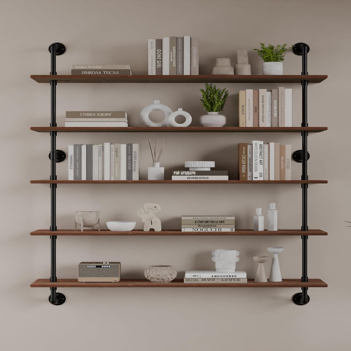 Floating Shelves for Wall Bookshelf Industrial Pipe Shelving Shelves 48 Inch 5 Tier Natural Wood Planks Rustic Wall Shelves Hanging Bookshelves Farmhouse Kitchen Shelving