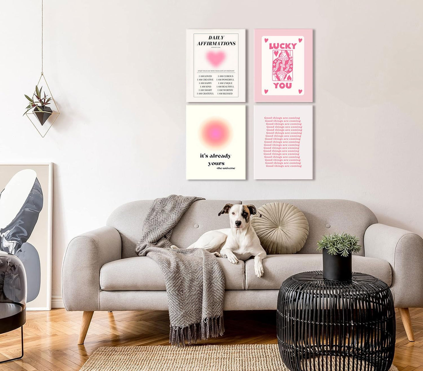Hwetui Framed Preppy Pink Aura Wall Art Daily Affirmations posters Trendy Y2K Canvas Prints Cute Lucky You Painting Retro Aesthetic Room Decor Picture for College Dorm Bedroom 12x16Inch Set of 4