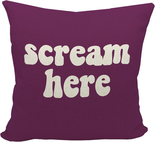 Mancheng-zi Funny Scream Decor, Scream Pillow Covers 18x18, Fun Pillows,Fun Throw Pillows,Funny Throw Pillows,Fun Decorative Pillows,Scream Here Funny Humor Throw Pillow Case(Purple)