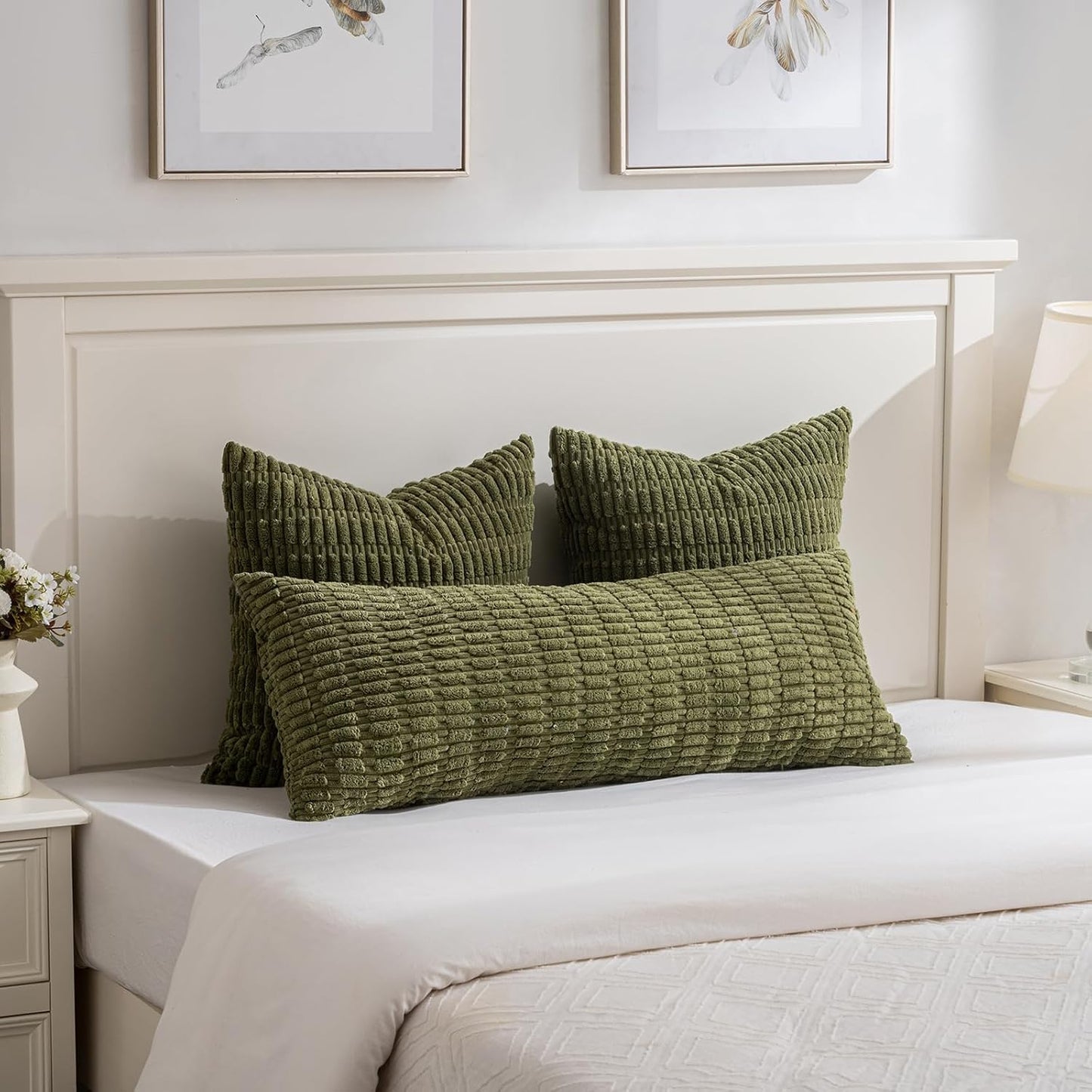 Fancy Homi 4 Packs Boho Moss Green Decorative Throw Pillow Covers 20x20 Inch for Couch Bed Sofa, Rustic Modern Farmhouse Home Decor, Soft Plush Corduroy Square Cute Cushion Case 50x50 cm