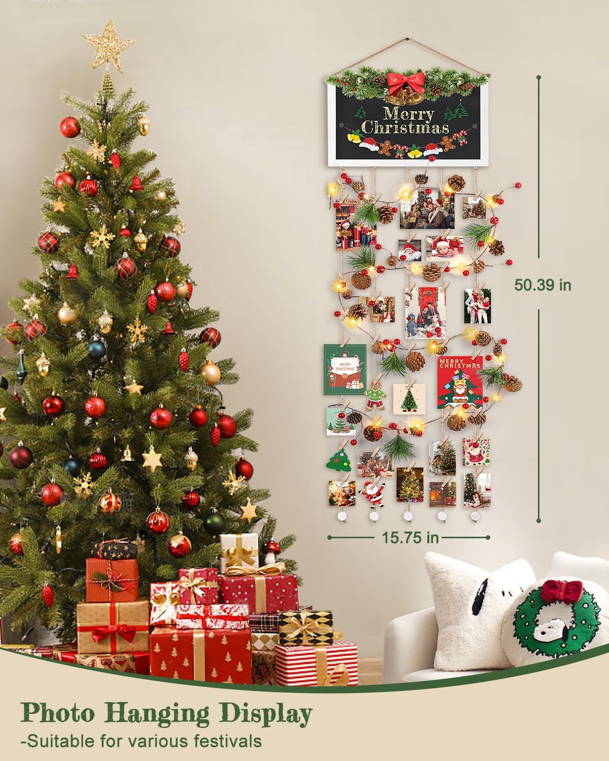 Bikoney Large Picture Board Picture Frames Collage Photo Hanging Display Wood Rustic Frames for Wall Decor and Dorm Room Decor with Blackboard Self Adhesive Hooks No Holes Drilling