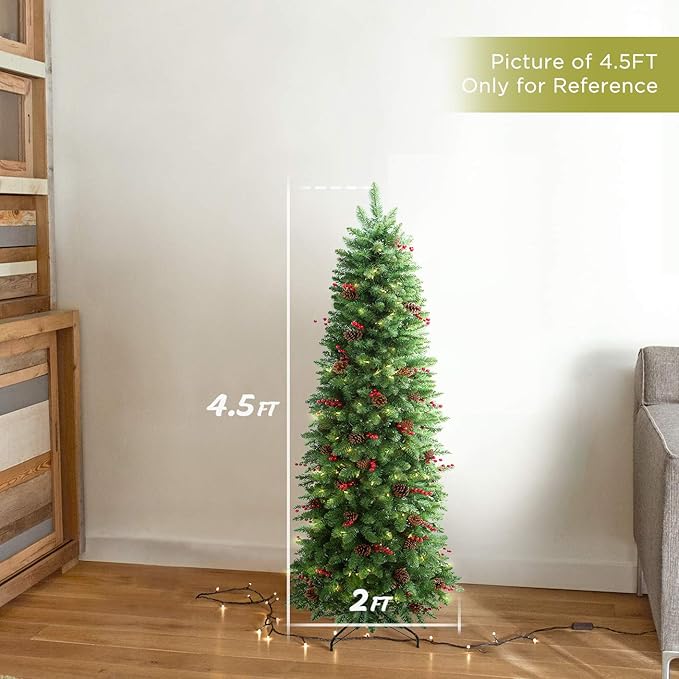 4.5FT Prelit Slim Christmas Tree, Decorated with 150 Clear Lights and Realistic 452 Thicken Tips, Hinged