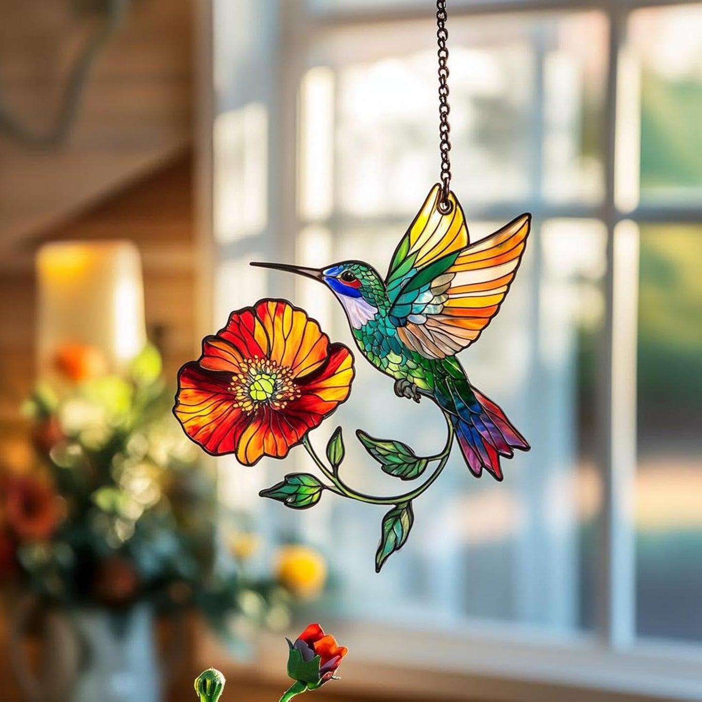 Hummingbird and Poppy Flower Window Hanging Suncatcher Ornament Hummingbirds Flowers Home Decor Art Wall Gifts for Women Suncatchers Windows Indoor