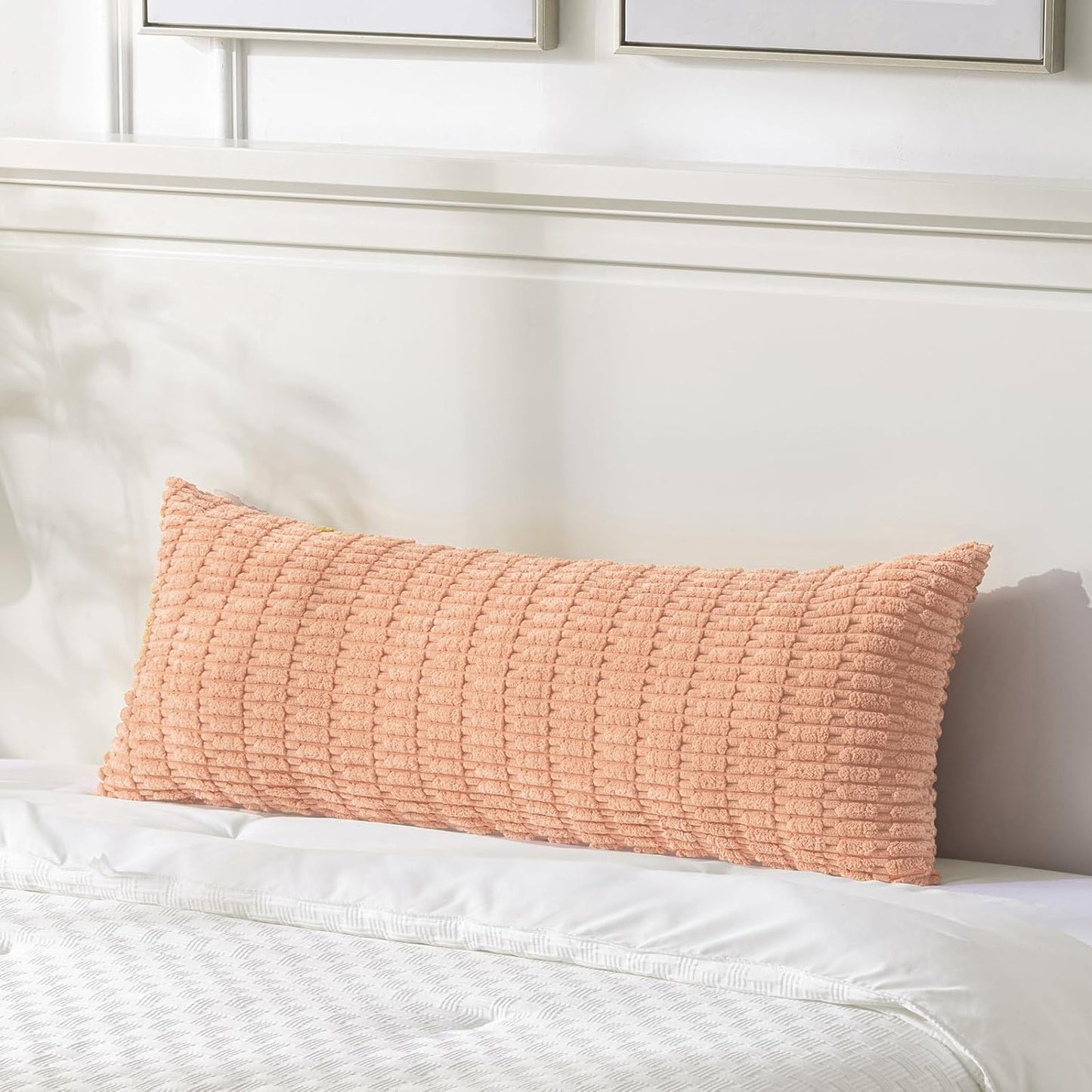 Fancy Homi Peach Long Body Lumbar Lumbar Decorative Throw Pillow Covers 20x54 Inch for Bed Couch Bedroom Bench, Soft Corduroy Rectangle Solid Pillow Case, Rustic Farmhouse Boho Room Decor
