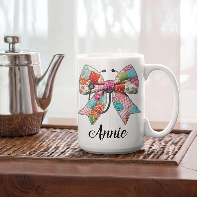 Unique Custom Name Coffee Mug 11oz 15oz, Floral Patchwork Bow White Cup, Personalized Bow with Stethoscope Ceramic Cup, Gifts for Nurses, Custom Vintage-Inspired Mug for Holiday