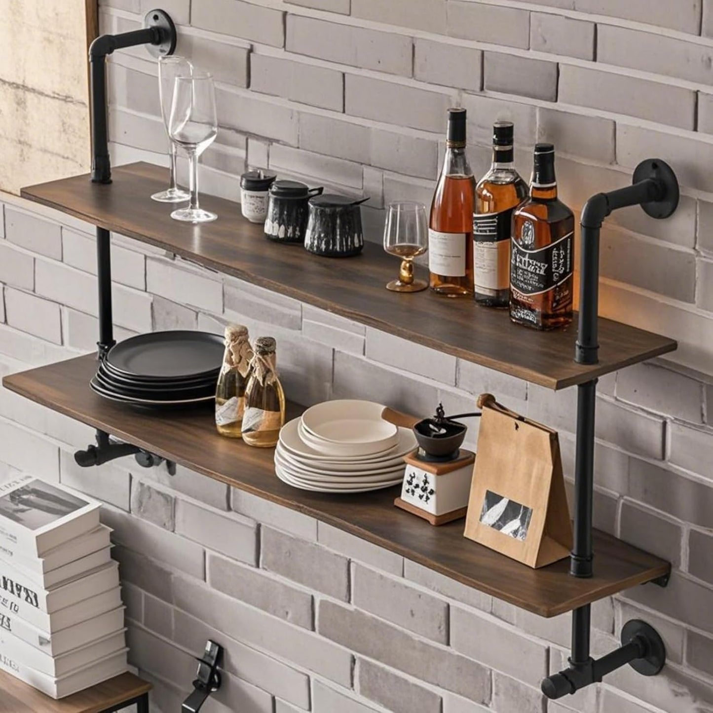 Industrial Pipe Shelving 48inch Wall Mounted, Rustic Floating Shelves with Wood Shelf, 2 Tier Farmhouse Bathroom Shelves Over Toilet, Industrial Pipe Shelf for Kitchen, Living Room Decor