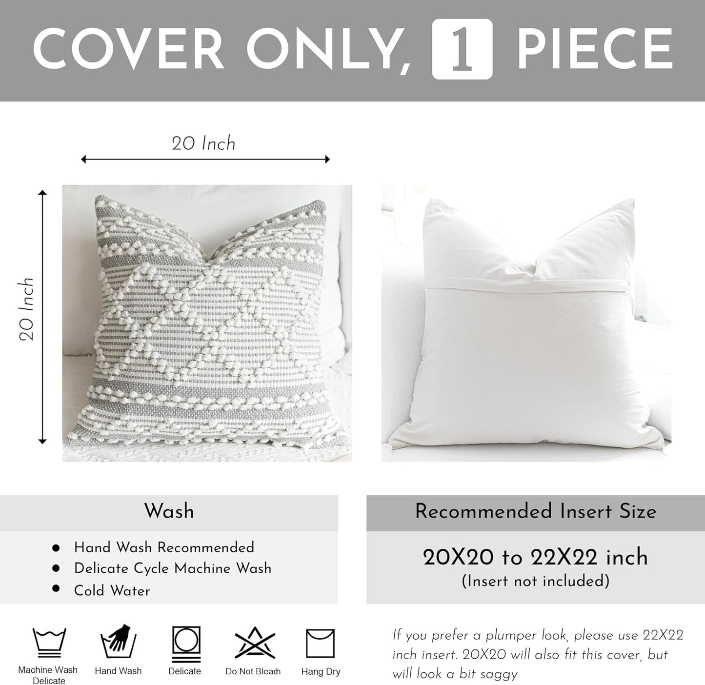 BlissBlush Gray White Decorative Throw Pillow Cover 20X20, Boho Accent Pillow for Couch, Square Modern Farmhouse Pillowcase for Living Room Couch Sofa Cushion Home Décor (Pack of 1)