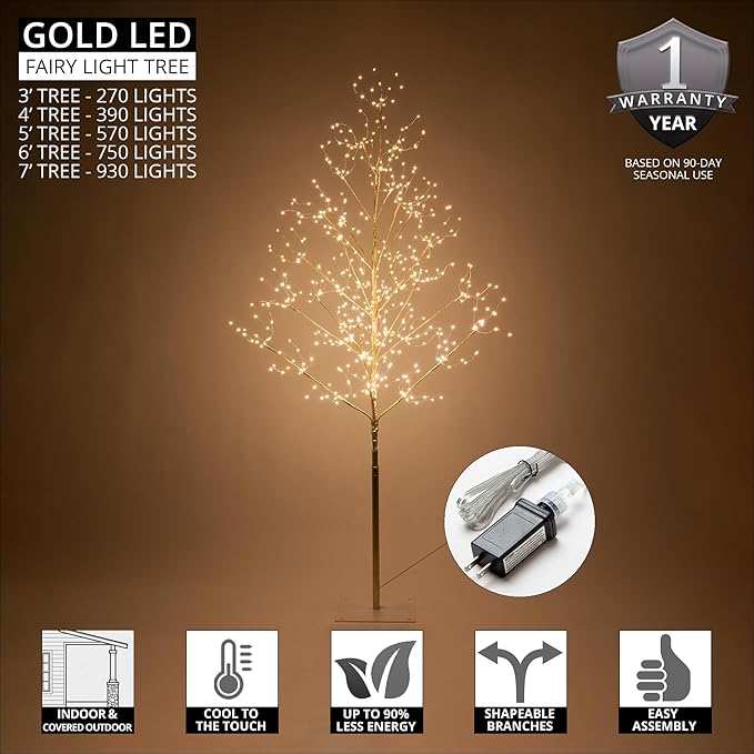 4 Ft Gold Fairy Light Tree Artificial Tree Bedrom Décor Gold Room Decor, 390 Warm White LED Lights
