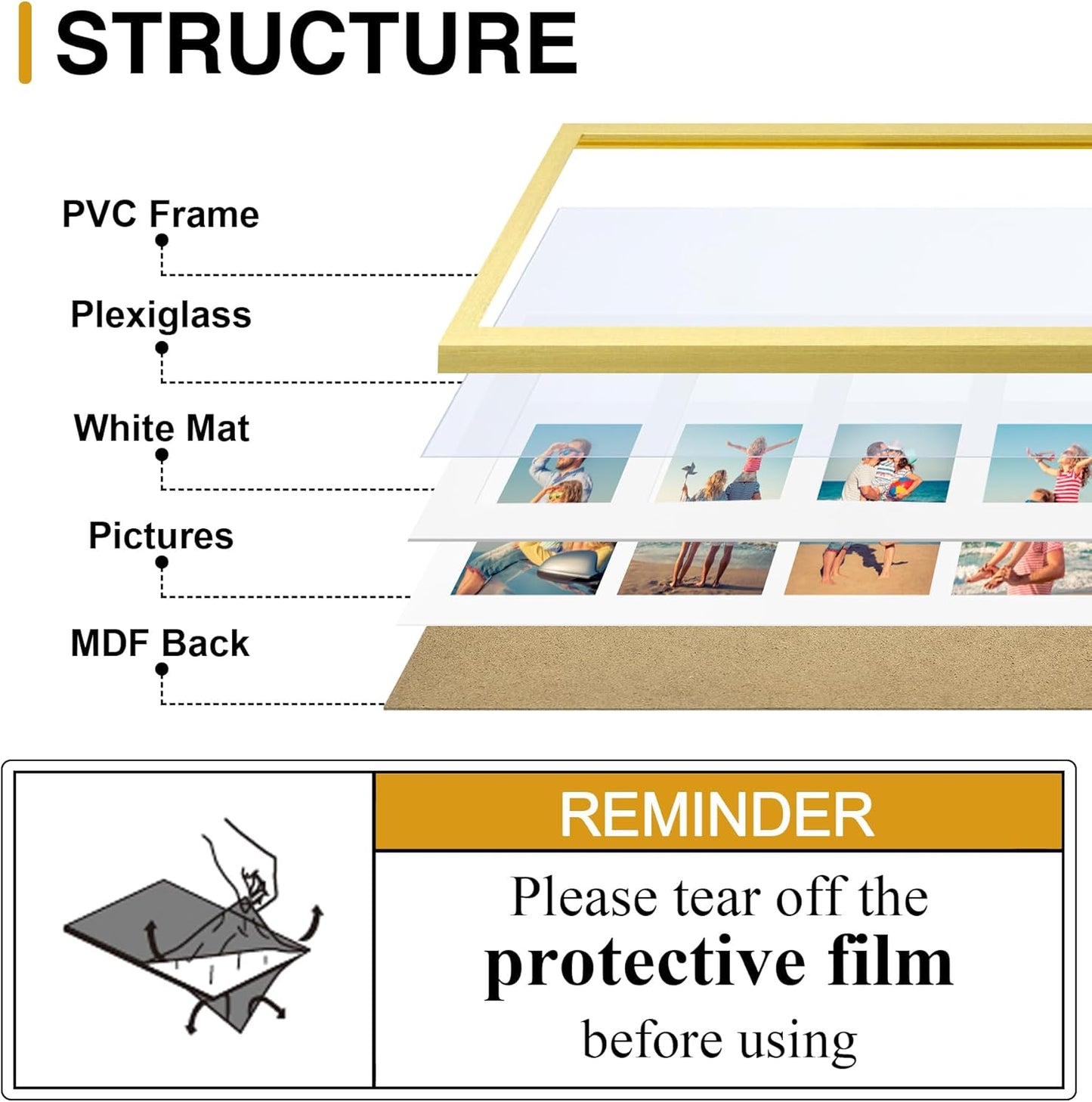 decorUhome 8x20 Picture Frames Collage Wall Decor, Display 4Pcs 4x6 Photos with Mat or 1Pcs 8x20 Unmatted, 4 4x6 Collage Picture Frames for Wall Mounting, Gold