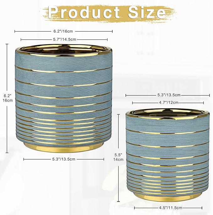 Grey Ceramic Plant Pots, 5.5 + 6.2 Inch Gold Striped Planter for Plants, Modern Flower Pots for Home and Office, Indoor Planters with Drainage Set of 2