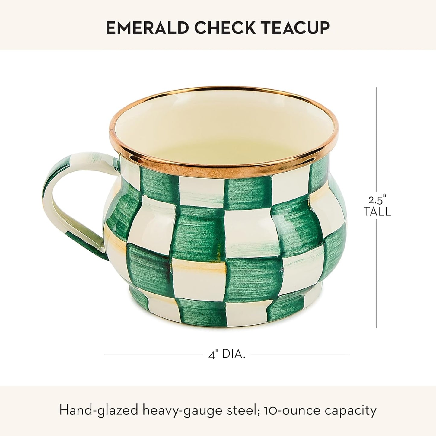 MACKENZIE-CHILDS Enamel Teacup, Unique Coffee and Tea Mug, Enamel Cup for Hot Tea, Green-and-White Emerald Check