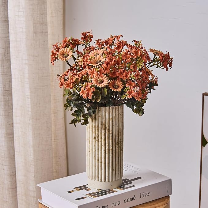 Cylinder Vase 8 Inch - Natural Travertine Textured Ribbed Resin Vase for Pampas Grass, Flowers, Home Decor | Decorative Centerpiece for Entryway, Countertop, Nightstand | Housewarming Gift (Beige)