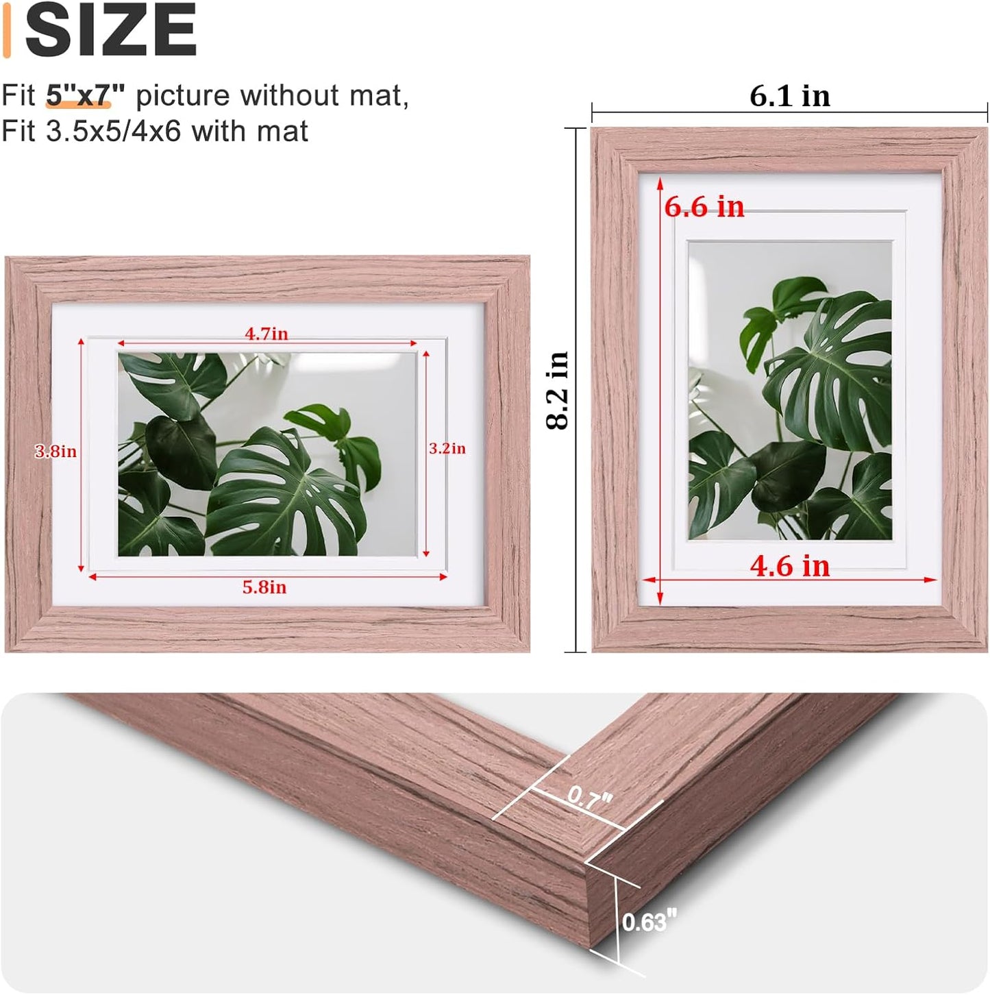 Egofine 5x7 Picture Frames Set of 4, Made of Solid Wood Covered by Plexiglass 3.5x5 and 4x6 with Mat or 5x7 without Mat, for Table Top Display and Wall Mounting Photo Frame Peach Pink