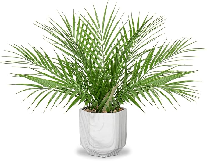 Hollyone Large Artificial Potted Plants Fake Palm Plants 16" Faux Green Plant Plastic Tropical Palm Tree in Marble Ceramic Pots Bohemian for Home Room Office House Indoor Decoration