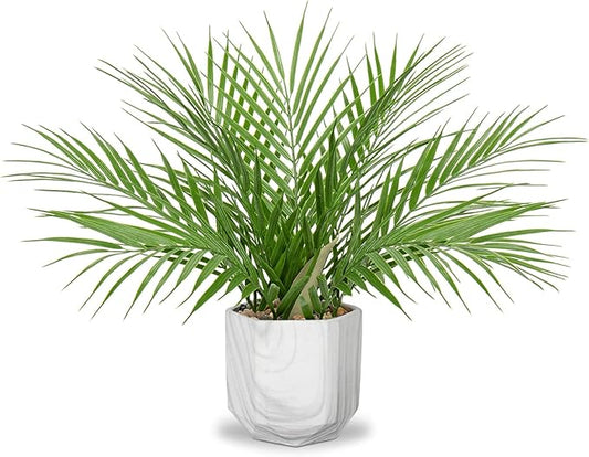 Hollyone Large Artificial Potted Plants Fake Palm Plants 16" Faux Green Plant Plastic Tropical Palm Tree in Marble Ceramic Pots Bohemian for Home Room Office House Indoor Decoration