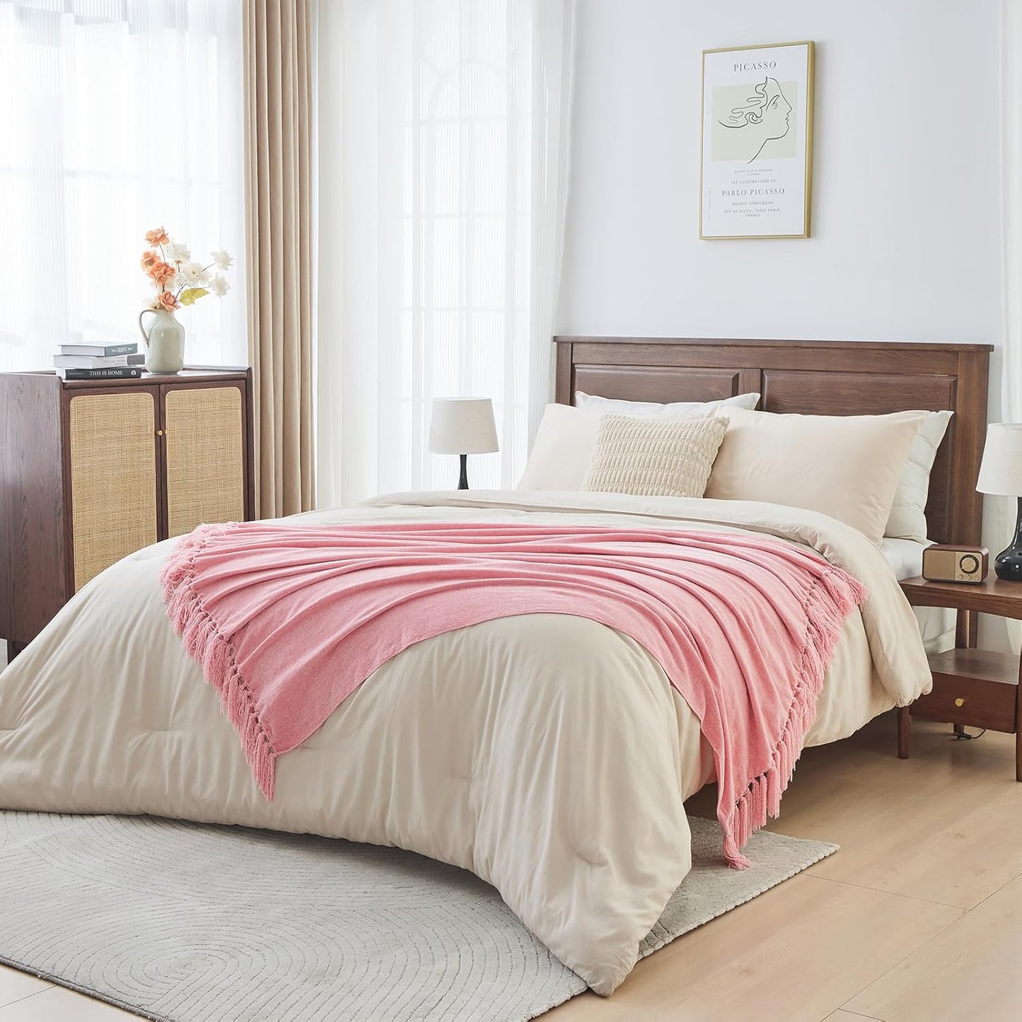 CozeCube Chenille Throw Blanket for Couch, Cozy Plush Fuzzy Decorative Pink Blanket with Fringe Tassels, Lightweight Throws for Bed Sofa Gift Home Decor, 50"X60"