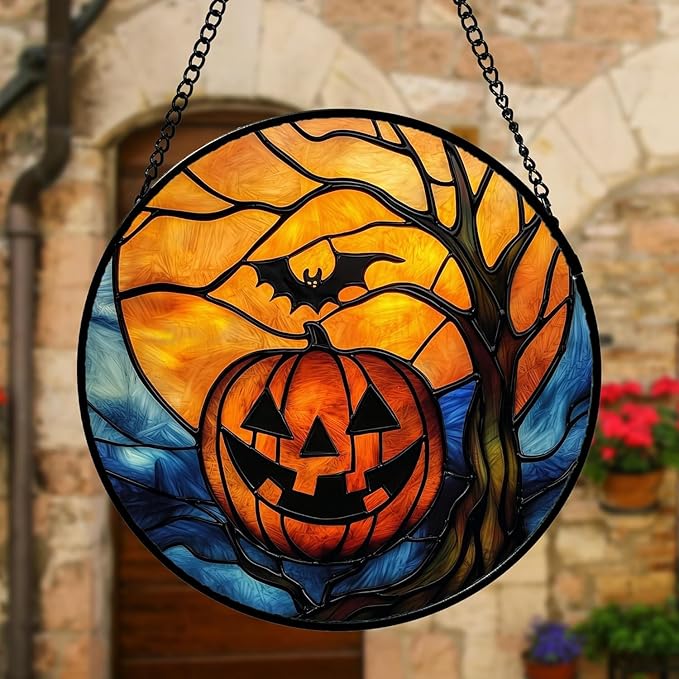 Stained Glass Window Hanging, Pumpkin Bat Moon Tree Suncatcher for Doors Home Sun Catchers Decoration and Christmas, Mother's Day Birthday Gifts for Women, Men, and Mom 11.8x11.8 in