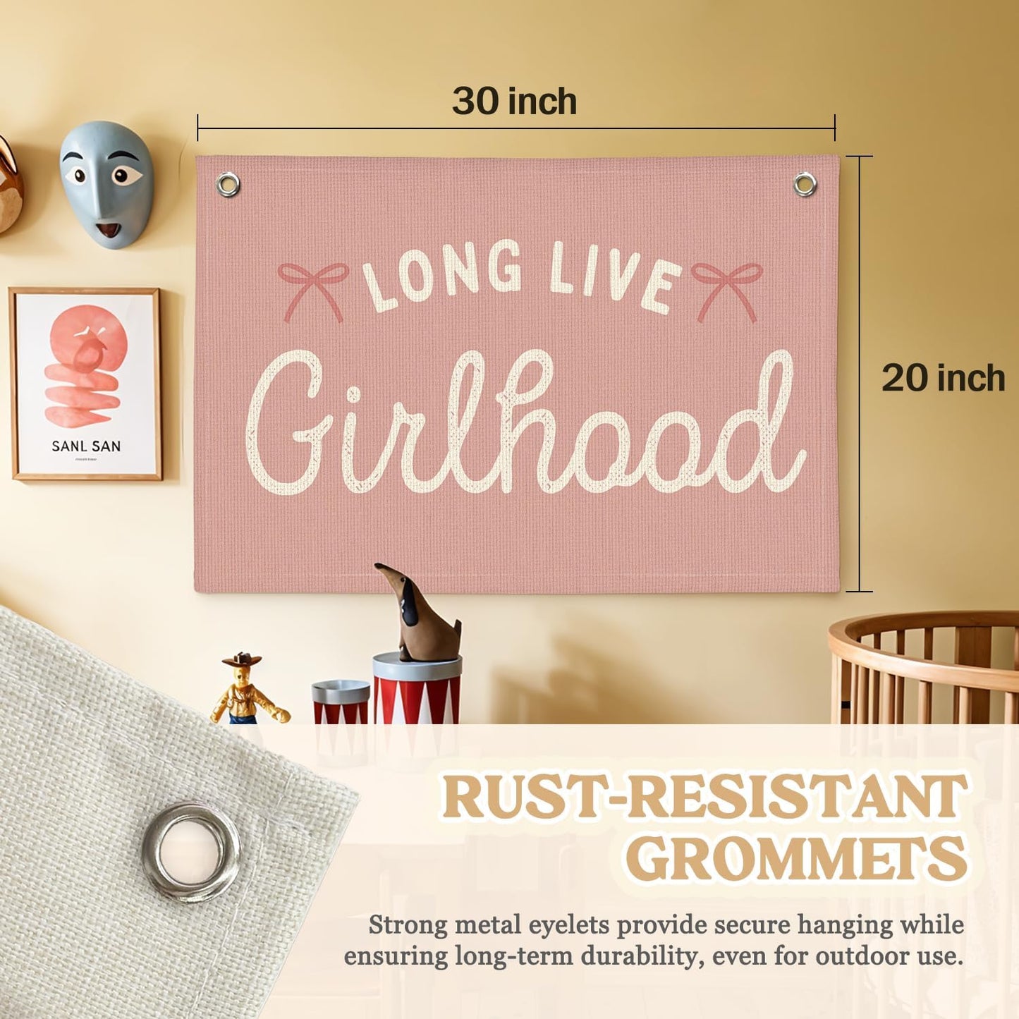 Girls Nursery Decor,Long Live Girlhood Linen Canvas Banner,Boho Girls Room Decor – Coquette Pink Bow Wall Hanging for Nursery Bedroom 30x20 Inch