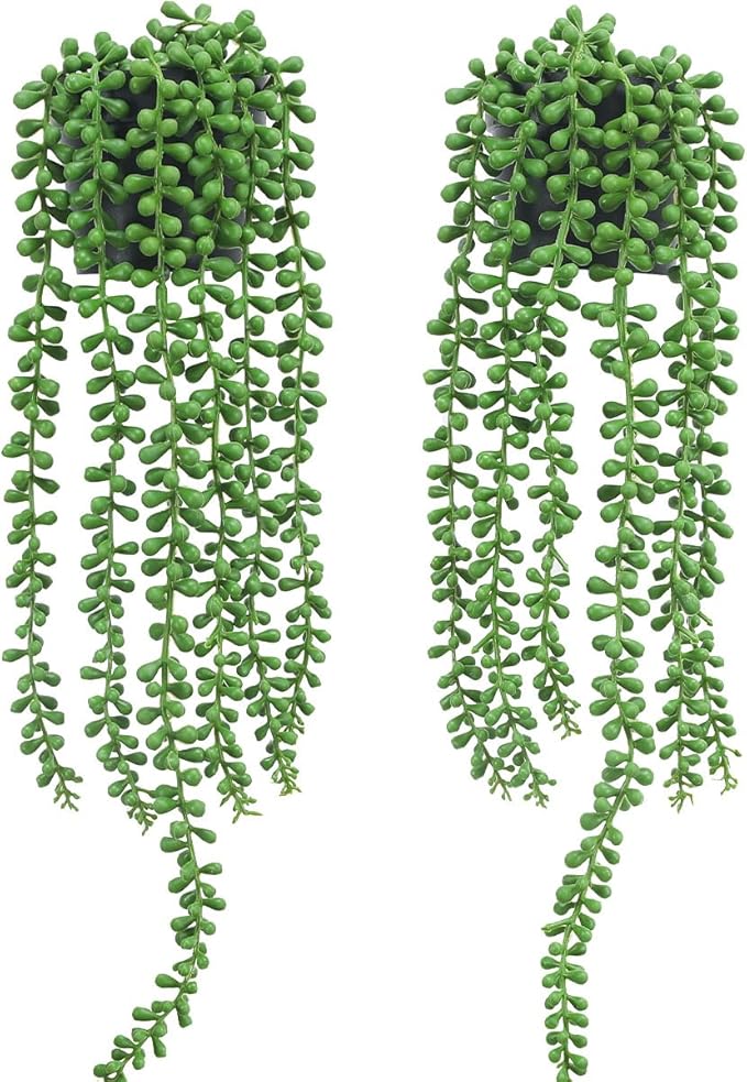 Floweroyal 2pcs Fake Hanging Plants Fake Potted String of Pearls Succulent Plants Small Faux Plants for Indoor Outdoor Shelf Wall Decor