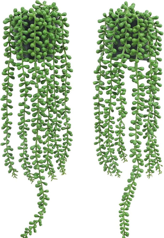 Floweroyal 2pcs Fake Hanging Plants Fake Potted String of Pearls Succulent Plants Small Faux Plants for Indoor Outdoor Shelf Wall Decor