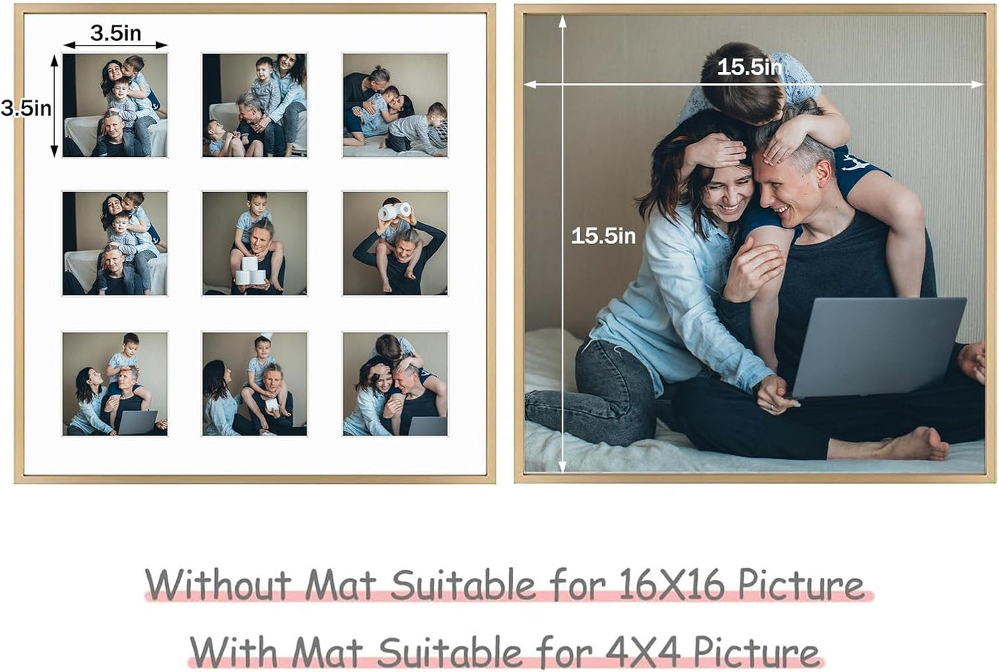 Frametory - 16x16 Aluminum Collage Picture Frame - Display 4x4 Pictures with 9 Openings Mat - Real Glass Front - Horizontal/Vertical Wall Mount - Gold 1 Pack