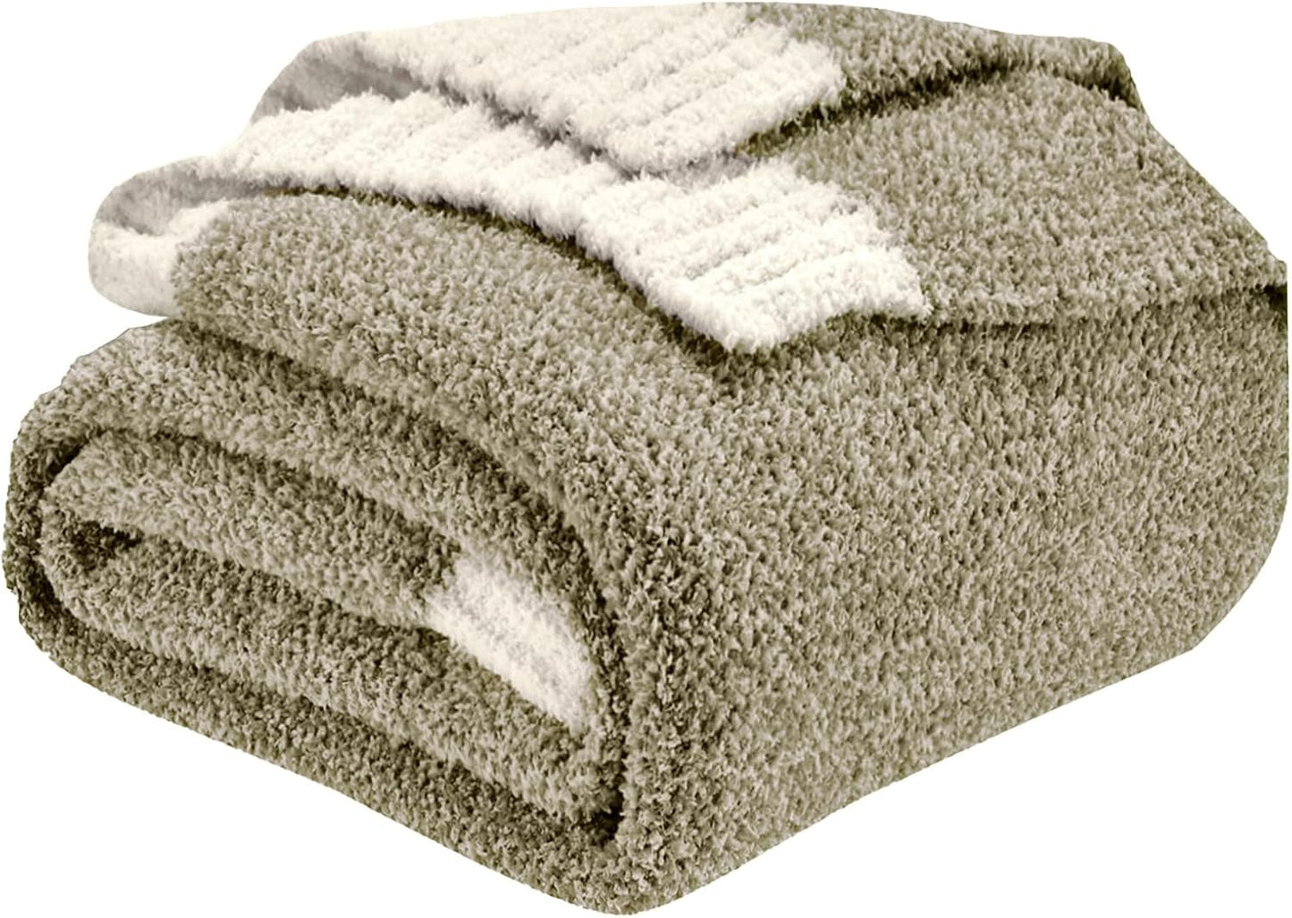 CozeCube Super Soft Fullfy Microfiber Reversible Knitted Blankets, Warm Cozy Fuzzy Plush Throw, Olive Green and White Melange Throw Blanket for Couch Bed Sofa, 50" x 60"