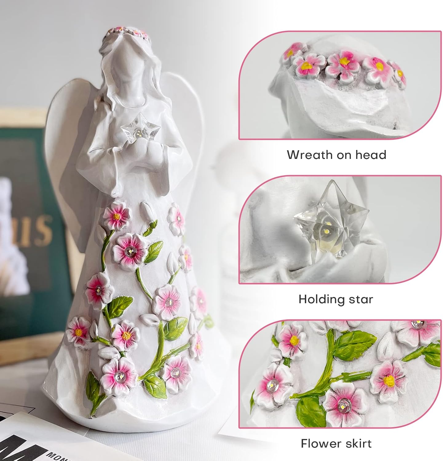 Guardian Angel Figurines with Light Star Battery Operated Angel Statue Decor, Birthday Gift for Grandma Grandmother Aunt Birthday Gift (with Timing Function)