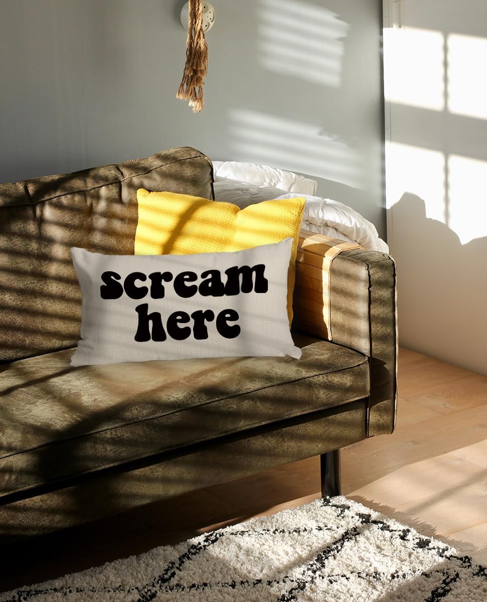 Mancheng-zi Funny Scream Decor, Scream 12x20 Pillow Cover, Fun Pillows,Fun Throw Pillows,Funny Throw Pillows,Fun Decorative Pillows,Scream Here Funny Humor Throw Pillow Case(Cream)
