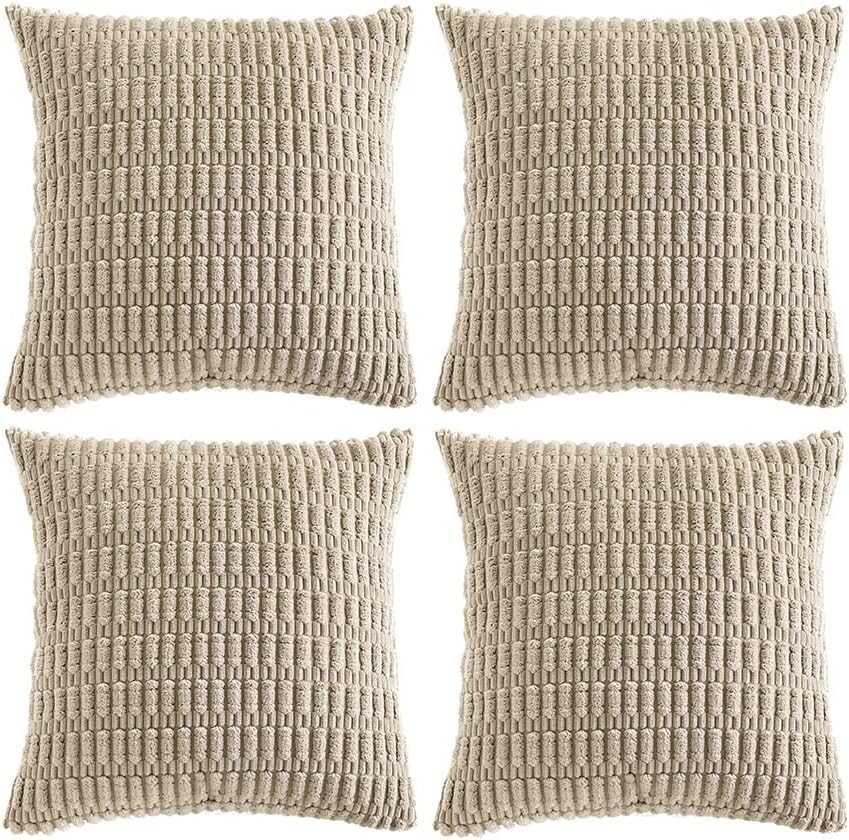 Fancy Homi 4 Packs Taupe Decorative Throw Pillow Covers 22x22 Inch for Living Room Couch Bed, Rustic Modern Farmhouse Boho Home Decor, Soft Plush Corduroy Cute Square Accent Cushion Case 55x55 cm