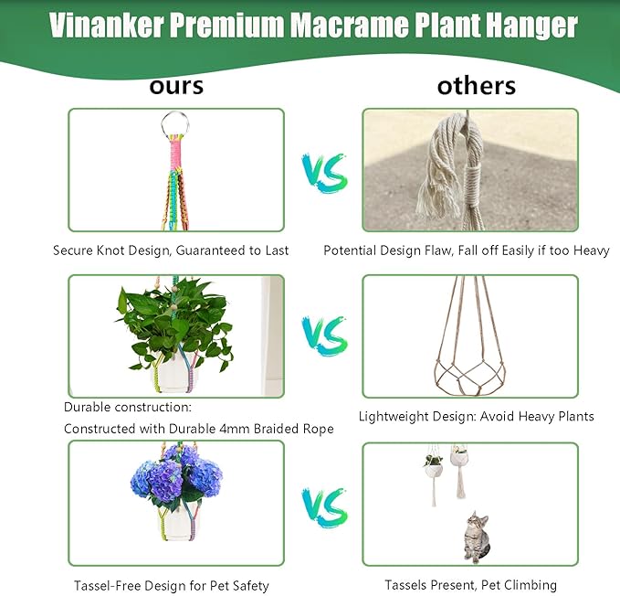 Macrame Plant Hanger, Hanging Planter Basket with Wood Beads, Decorative Boho Flower Pot Holder for Indoor and Outdoor, Rainbow, 35 Inch Set of 2 (POTS NOT Included)