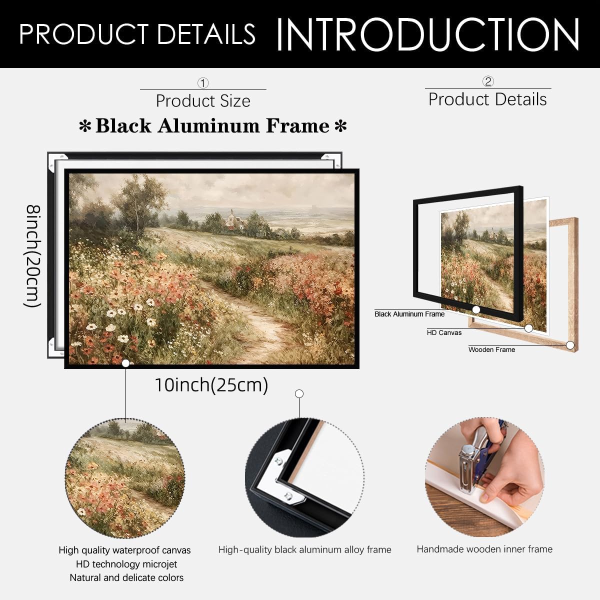 Landscape Wildflower Wall Art Nature Botanical Floral Posters Retro Cottagecore Plant Paintings Canvas Prints 08x10 inch Black Framed for Farmhouse Living Room Wall Decor