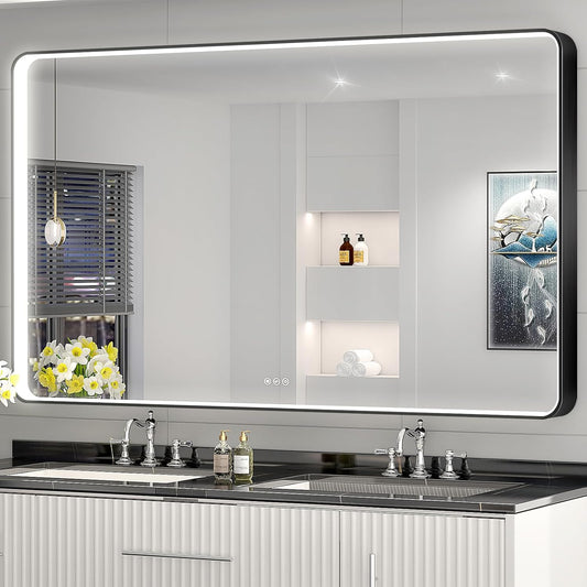 LED Mirror for Bathroom 60X36 Inch Black Framed with Anti-Fog, Stepless Dimmable, Front Lit, LED Bathroom Vanity Mirror for Wall, Memory Function, Shatter-Proof
