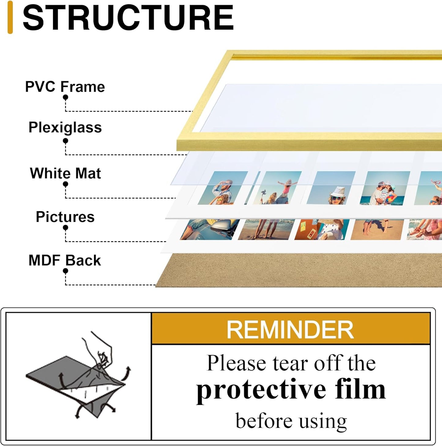 decorUhome 8x24 Picture Frames Collage Wall Decor, Display 5Pcs 4x6 Photos with Mat or 1Pcs 8x24 Unmatted, 5 4x6 Collage Picture Frames for Wall Mounting, Gold