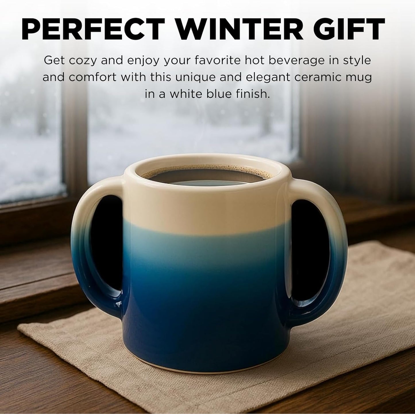 Double Hand Warmer Mug, Handmade Pottery - Handwarmer Contoured Pockets for Both Hands will Hold Warmth From The Heat Of Your Drink To Keep Your Fingers Warm, Comfy Blue - Perfect Winter Gift!