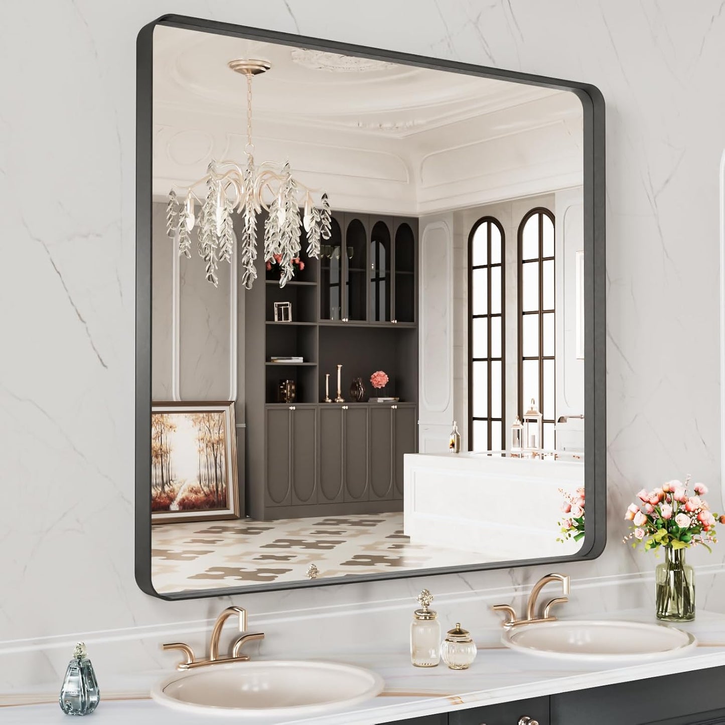 LOAAO 28X32 Inch Black Metal Framed Bathroom Mirror for Wall, Matte Black Bathroom Vanity Mirror Farmhouse, Anti-Rust, Hangs Horizontally or Vertically