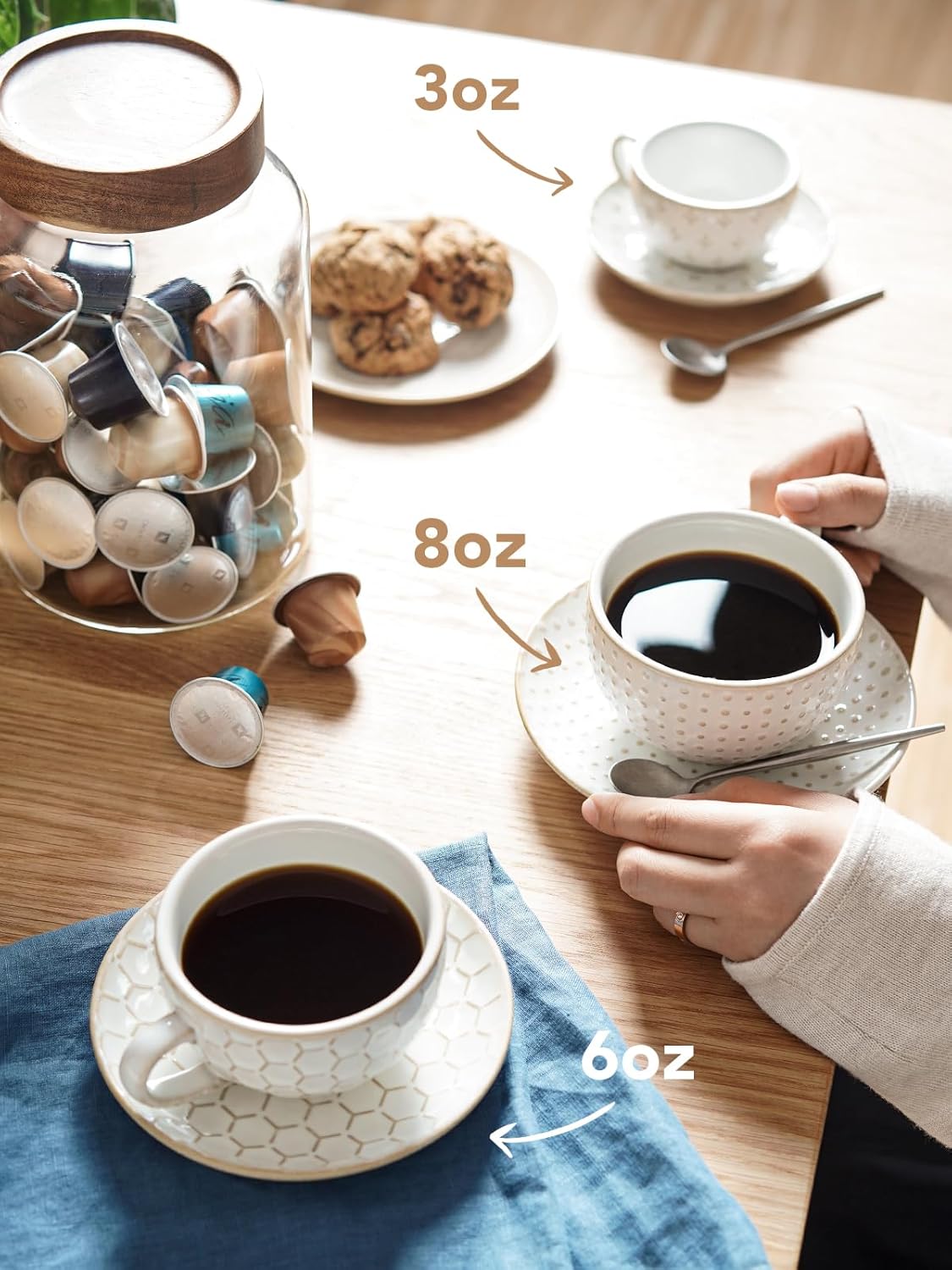 LE TAUCI Espresso Cups with Saucers 3 oz, Ceramic Embossment Coffee Cup for Double shot, Lungo, Ristretto,Dishwasher Safe - Set of 4, Arctic white